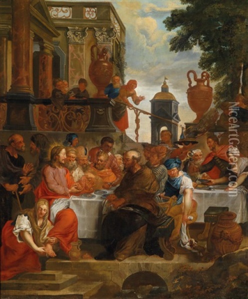 Maria Wascht Mit Ihren Tranen Die Fuse Christi Und Salbt Sie Mit Ol Oil Painting - Balthasar Beschey