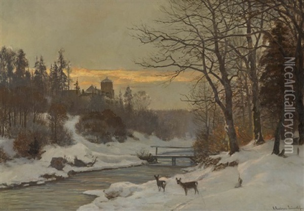 Winterliche Bachlandschaft Oil Painting - Anders Andersen-Lundby