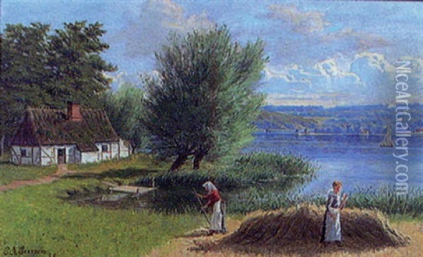 Skordearbetande Kvinnor Vid Skansk Insjo Oil Painting - Peter Adolf Persson