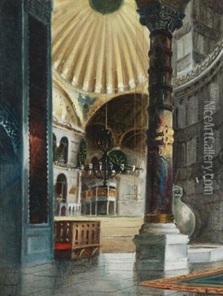 The Interior Of The Hagia Sophia, Istanbul Oil Painting - Wladimir Petroff