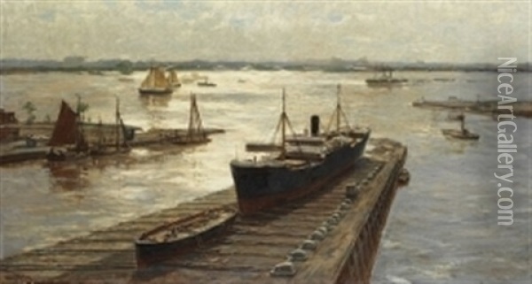 Weitraumige Hafenlandschaft Mit Trockendock Oil Painting - Erwin Carl Wilhelm Guenther