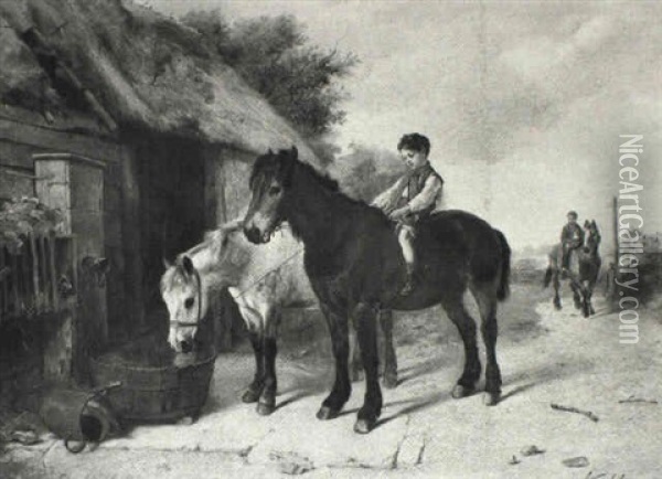 Ponies At The Water Pump Oil Painting - Walter Hunt