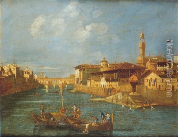 Vista De Florencia Con El Arno Y El Ponte Vecchio Oil Painting - Bernardo Bellotto