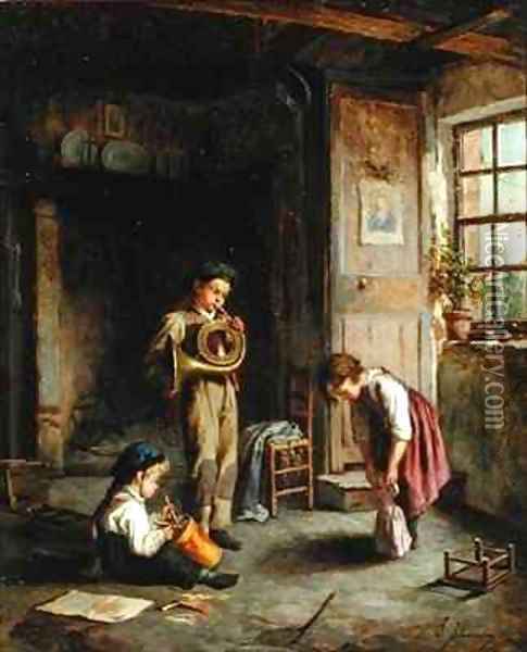Boys with French Horn and Drum Oil Painting - J. Devaux