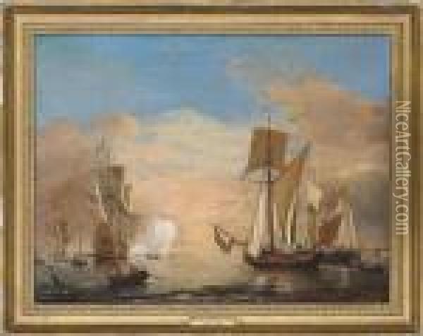 An English Galliot Close In To 
The Shore With An English Flagship Firing A Salute As She Arrives At The
 Nore Indistinctly Oil Painting - Willem van de, the Elder Velde