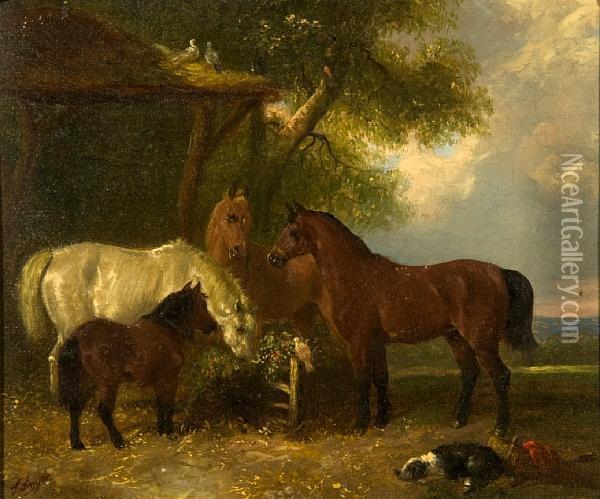 Horses With Dog And Doves Sheltering Beside Anoutbuilding Oil Painting - Thomas Smythe