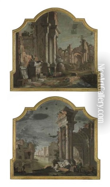 A Capriccio With Classical Ruins (+ A Capriccio With A Ruined Classical Arch On A Canal; Pair) Oil Painting - Vittorio Maria Bigari