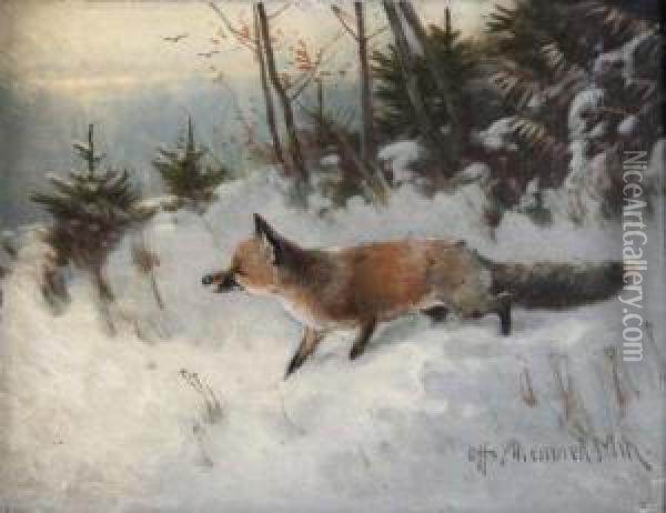 Fuchs Im Winterwald Oil Painting - Otto Scheuerer