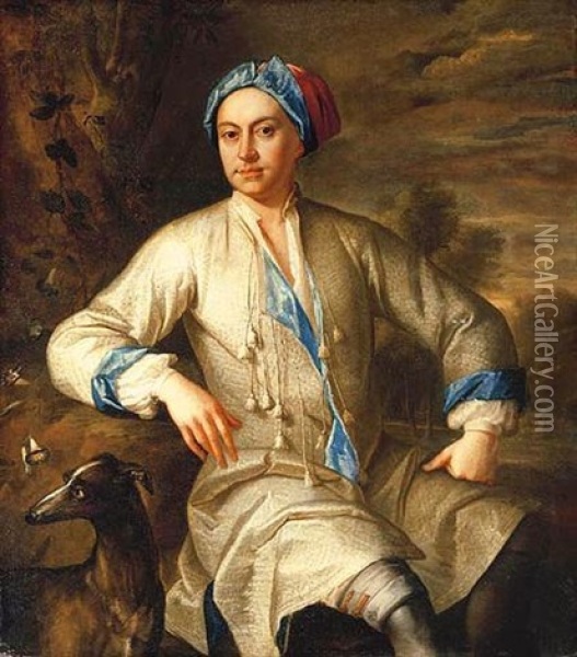 Portrait Of A Gentleman (the Poet John Gay?) With A Dog, In A Landscape Oil Painting - Jonathan Richardson