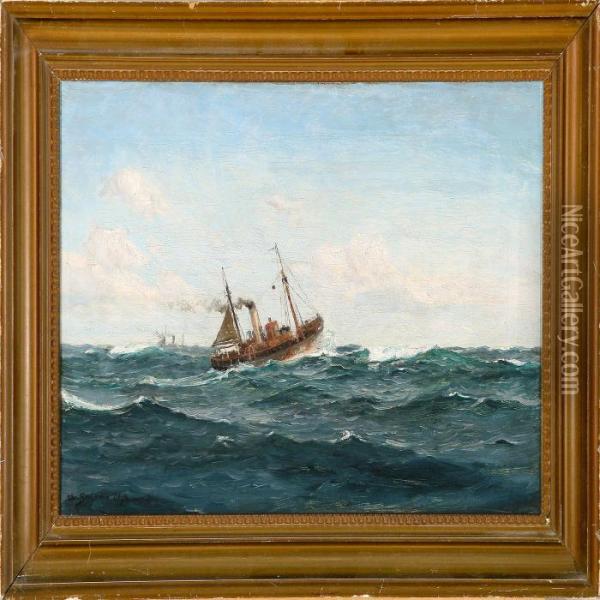 Marine With Boats On Open Sea Oil Painting - Christian Benjamin Olsen