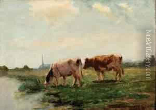 Koeien Aan De Waterkant Oil Painting - Fedor Van Kregten