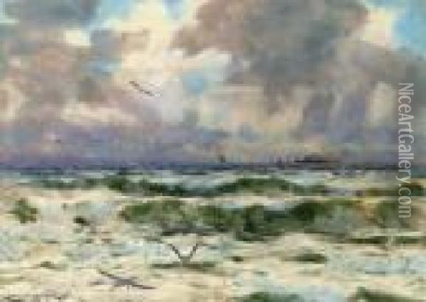 Gulls Playing In The Surf Oil Painting - Charles Mottram
