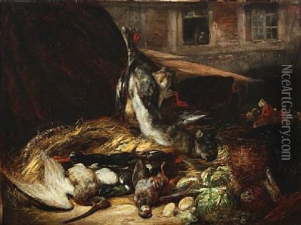 Nature Morte With Birds Oil Painting - Joseph Nicolas Robert-Fleury