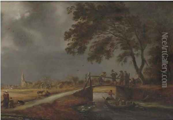 A stormy landscape with travellers on a bridge, a boat passing by and a woman with children on a path, a village beyond Oil Painting - Pieter Molijn