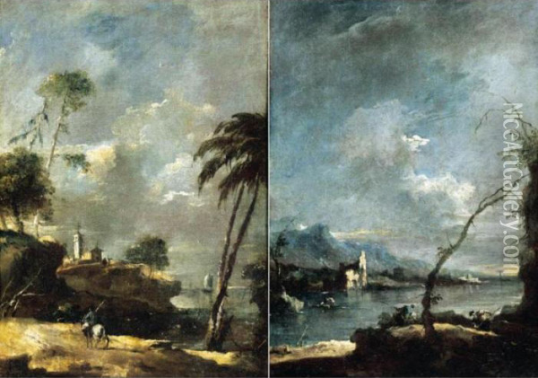 A Venetian Capriccio Of The Lagoon With A Palm Tree And A Horseman, A Chapel Beyond Oil Painting - Francesco Guardi