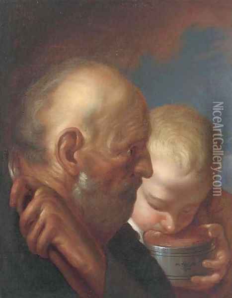 A man and a boy drinking from a bowl Oil Painting - Jacob Jordaens
