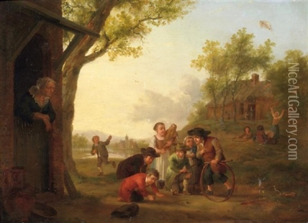Kinderspiel Auf Dem Dorfplatz Oil Painting - Petrus Johann Van Regemorter