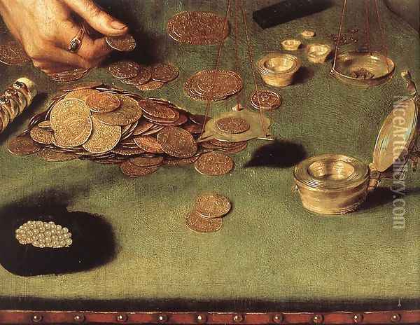 The Moneylender and his Wife (detail-2) 1514 Oil Painting - Quinten Metsys