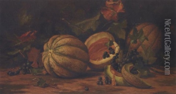 An Autumnal Still Life With Melons And Grapes Oil Painting - Deidrich Henry Gremke