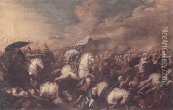A Battle Scene With Numerous Figures And An Armoured Soldier Bearing A Standard On A White Charger Oil Painting - Jacques Courtois