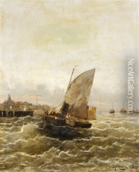 Fischerboote Bei Bewegter See Vor Hafen Oil Painting - Georg Fischhof