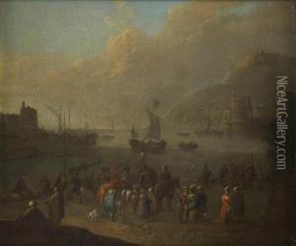 A Busy Coastal Scene With Figures And Boats In A Harbour Oil Painting - Mattijs Schoevaerdts