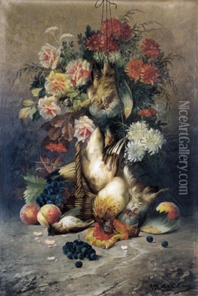 Stilleven Met Bloemen, Fruit En Wild Oil Painting - Max Carlier