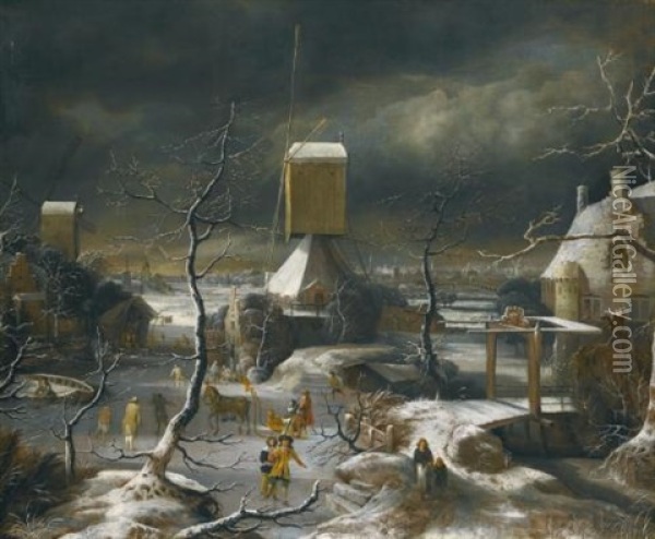 A Winter Landscape With Figures Skating, A Horse-drawn Sledge And A Mill, Amsterdam And The Ij Beyond Oil Painting - Jan Abrahamsz. Beerstraten