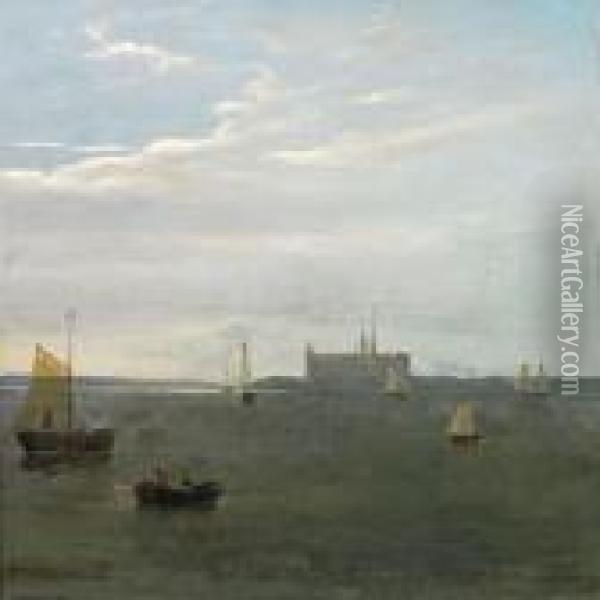 Numerousships In Quiet Water Off Kronborg Castle Oil Painting - Friedrich Ernst Wolperding