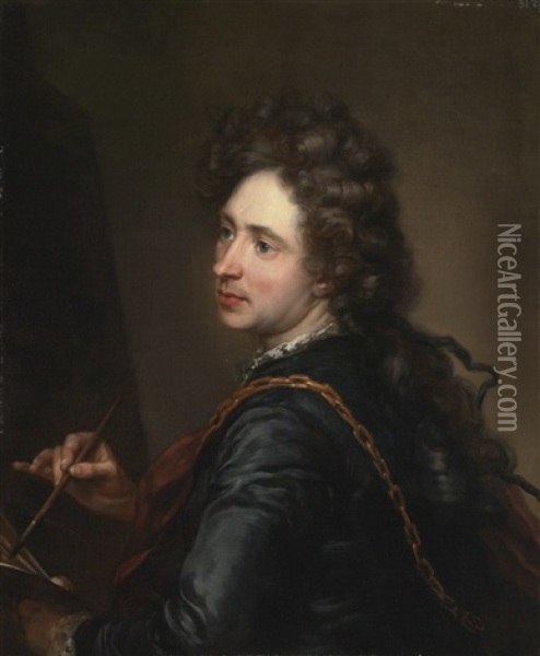 Portrait Of An Artist Holding A Palatte And Brush Before An Easel Oil Painting - Jean-Baptiste Santerre