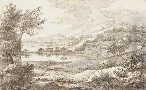 Paysage Montagneux Avec Un Lac, Un Village Dans Le Fond Oil Painting - Abraham I Genoels