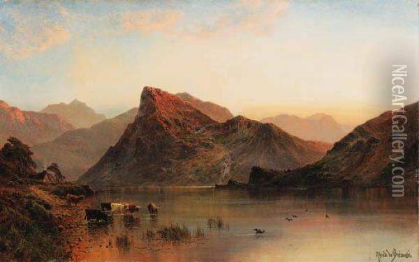 The Glydwr Mountains, Snowdon Valley, Wales Oil Painting - Alfred de Breanski