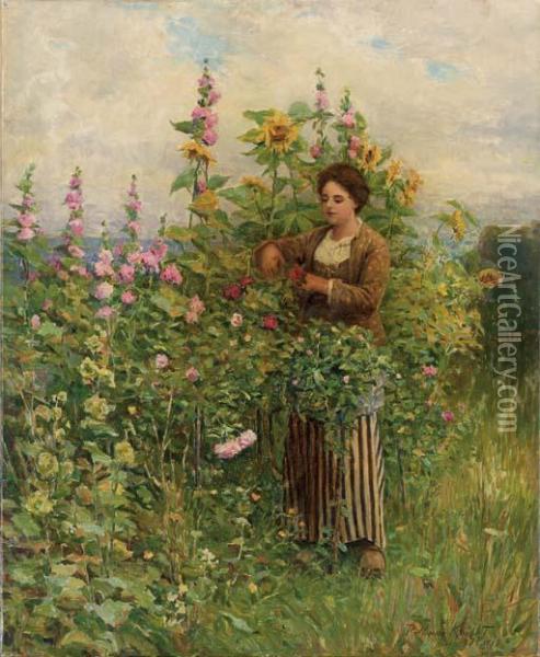 In The Flower Garden Oil Painting - Daniel Ridgway Knight