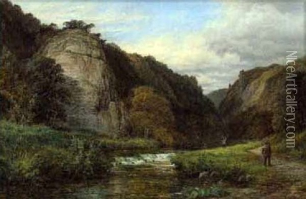 Expansive Mountainous Landscape With A Man Walking On A Path Oil Painting - Henry Thomas Dawson