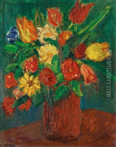 Still Life With Red Tulips Oil Painting - Ivan Ivarson