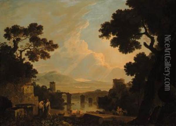 A Capriccio Landscape With The 
Temple Of The Sibyl At Tivoli Andthe Broken Bridge At Narni Oil Painting - Richard Wilson