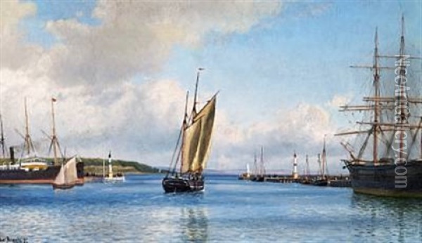 View Of Arhus Harbour Towards Kalo Vig - Creek Oil Painting - Christian Blache