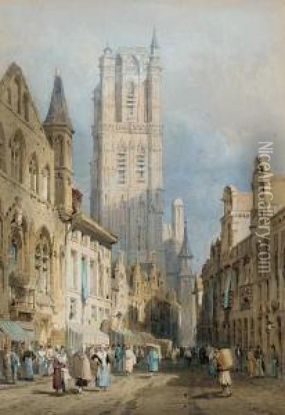 Figures Conversing In The Street In A French Cathedral Town Oil Painting - Samuel Prout