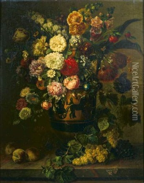 Bouquet Fleurs Dans Un Vase Grec A Figures Noires Sur Un Entablement Oil Painting - Bertrand-Georges de Bayle