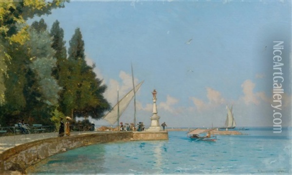 Promenade Sur Le Quai D'evian (promenade On The Evian Quay) Oil Painting - Francois-Louis-David Bocion