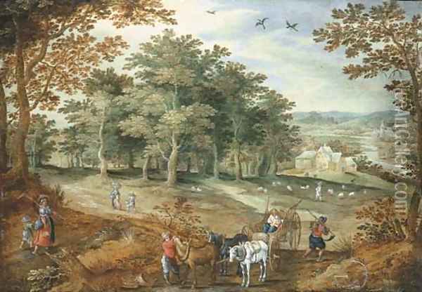 A wooded landscape with travellers and a cart Oil Painting - Maerten Ryckaert