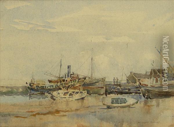 Fishingboats At Low Tide, Figures On The Quay Oil Painting - William Arthur Garrick