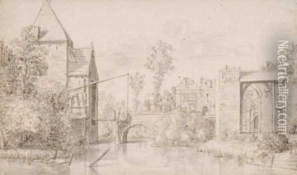 View Of A Draw-bridge And A City Gate Oil Painting - Carel Jacobus Behr