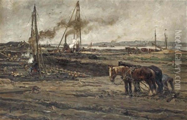 Construction Work In The Rotterdam Harbour Oil Painting - August Willem van Voorden