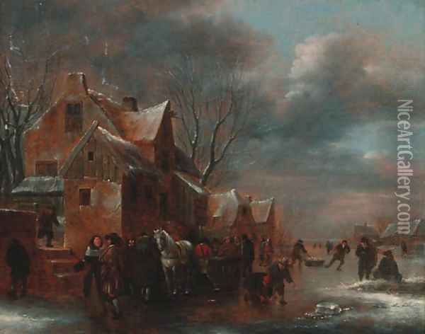 Travellers and villagers on a frozen river by a cottage Oil Painting - Claes Molenaar (see Molenaer)