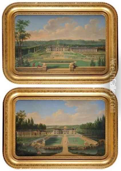 Vue Du Chateau De La Brosse, Cote Cour (+ Vue Du Chateau De La Brosse Cote Jardin; Pair After Royers) Oil Painting - Antoine Chazal