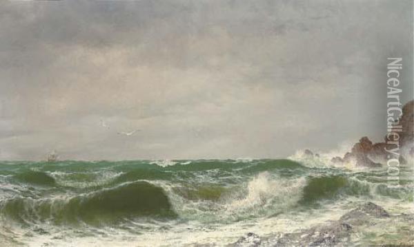 Waves Crashing On A Rocky Coast Oil Painting - David James