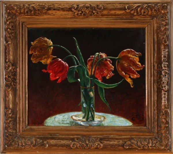 A Glass With Four Tulips Oil Painting - P.H. Kristian Zahrtmann