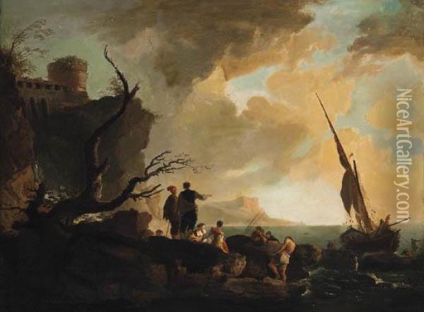 A Mediterranean Coastline With Fisherfolk On The Shore, A Hilltopfortress Beyond Oil Painting - Claude-joseph Vernet