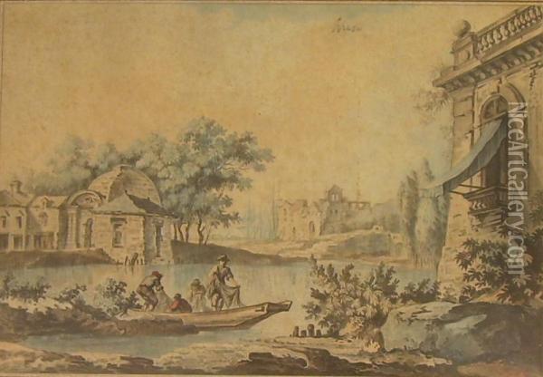 Fishermen In A Neoclassical Landscape Oil Painting - C.L. Jubier